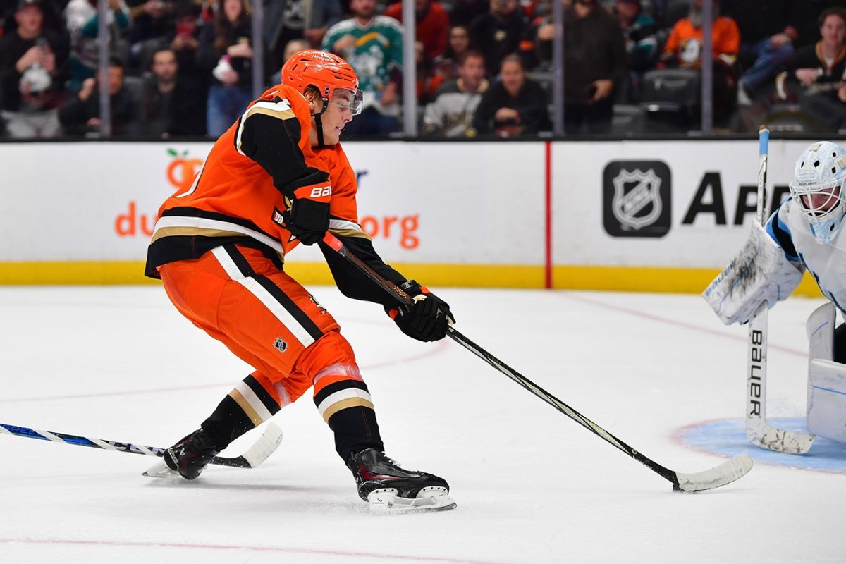 Oct 16, 2024; Anaheim, California, USA; Anaheim Ducks center Leo Carlsson (91) moves in against Utah Hockey Club goaltender Connor Ingram (39) to score a goal during the overtime period at Honda Center. Mandatory Credit: Gary A. Vasquez-Imagn Images