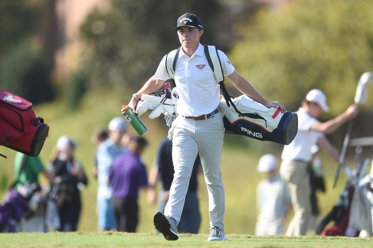 Brentwood Academy standout Blades Brown is seen on hole 1 while competing in the DII-AA TSSAA state golf tournament at Sevierville Golf Club in Sevierville, Tenn., on Oct. 10, 2023.
