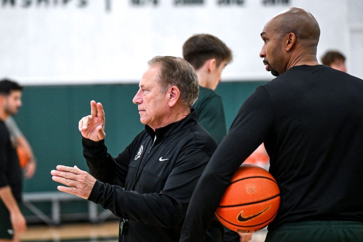 Michigan State's head coach Tom Izzo, left, and assistant coach Saddi Washington look on at practice during men's basketball media day on Thursday, Oct. 17, 2024, at the Breslin Center in East Lansing.