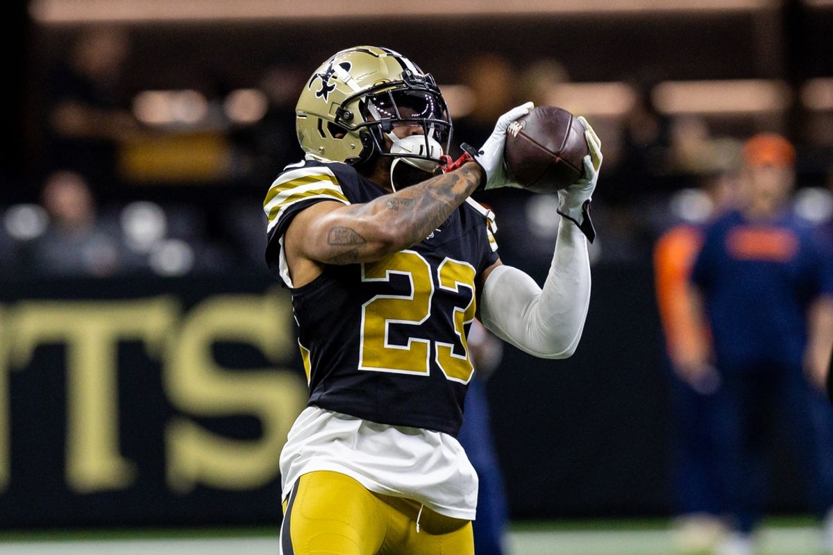 Oct 17, 2024; New Orleans, Louisiana, USA;  New Orleans Saints cornerback Marshon Lattimore (23) during the warmups before the game against the Denver Broncos at Caesars Superdome. Mandatory Credit: Stephen Lew-Imagn Images