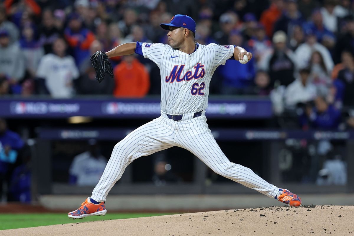 Oct 17, 2024; New York City, New York, USA; New York Mets pitcher Jose Quintana (62) throws a pitch against the Los Angeles Dodgers in the first inning during game four of the NLCS for the 2024 MLB playoffs at Citi Field. Mandatory Credit: Brad Penner-Imagn Images
