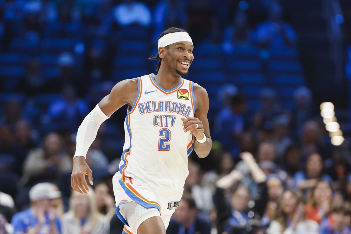 Oct 17, 2024; Oklahoma City, Oklahoma, USA; Oklahoma City Thunder guard Shai Gilgeous-Alexander (2) runs down the court after scoring against the Atlanta Hawks during the first quarter at Paycom Center. Mandatory Credit: Alonzo Adams-Imagn Images