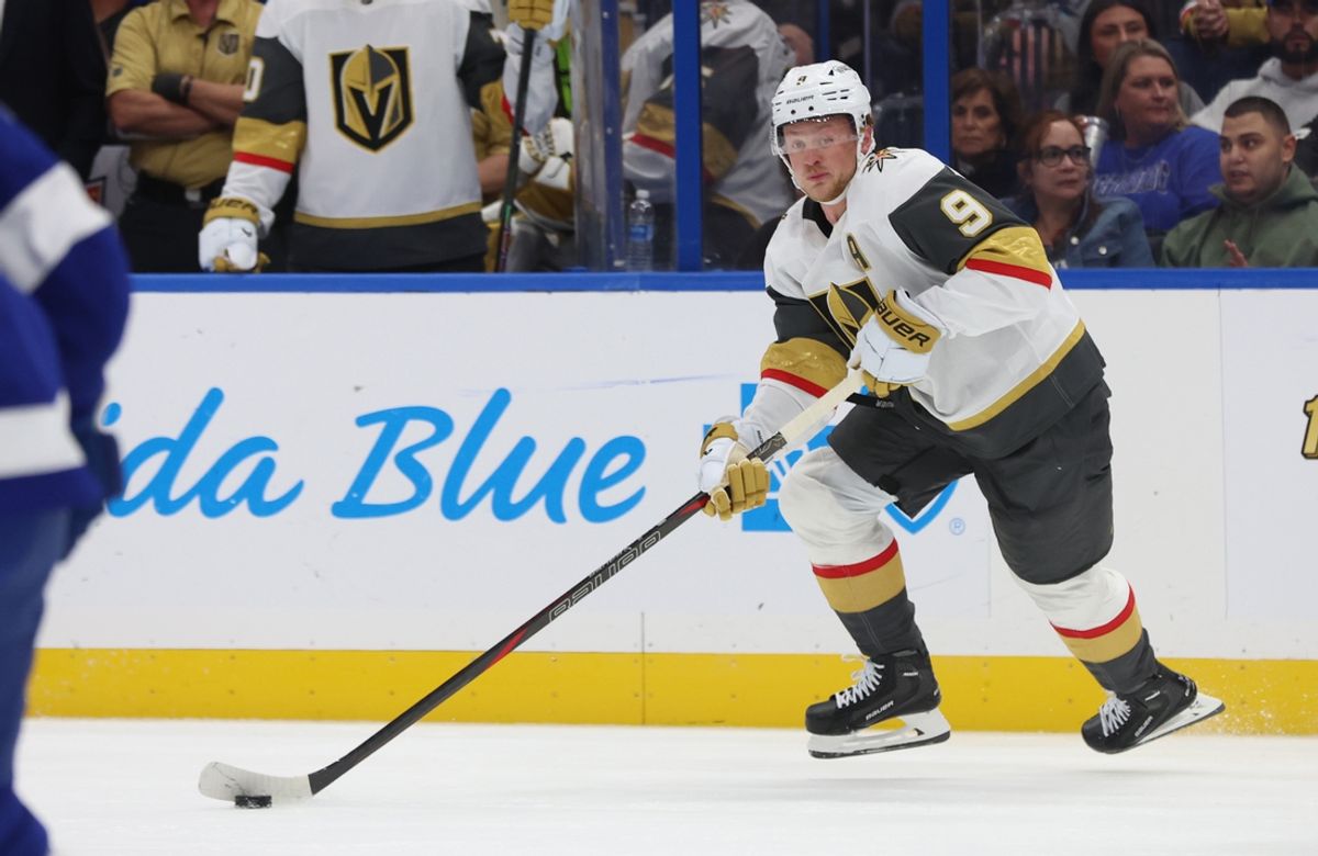 Oct 17, 2024; Tampa, Florida, USA; Vegas Golden Knights center Jack Eichel (9) skates with the puck against the Tampa Bay Lightning during the second period at Amalie Arena. Mandatory Credit: Kim Klement Neitzel-Imagn Images