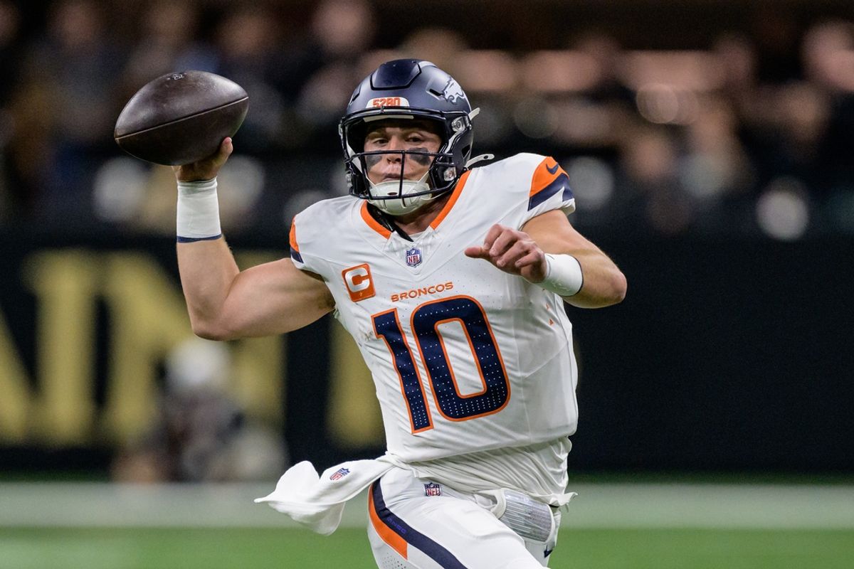 Oct 17, 2024; New Orleans, Louisiana, USA; Denver Broncos quarterback Bo Nix (10) throws during the first quarter against the New Orleans Saints at Caesars Superdome. Mandatory Credit: Matthew Hinton-Imagn Images
