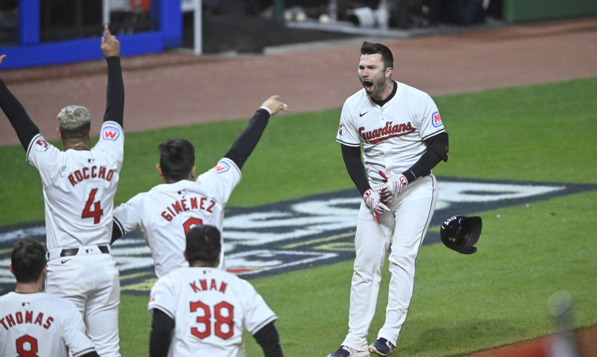 Oct 17, 2024; Cleveland, Ohio, USA; Cleveland Guardians first baseman David Fry (6) celebrates after hitting a game-winning home run during the tenth inning against the New York Yankees in game 3 of the American League Championship Series at Progressive Field. Mandatory Credit: David Richard-Imagn Images
