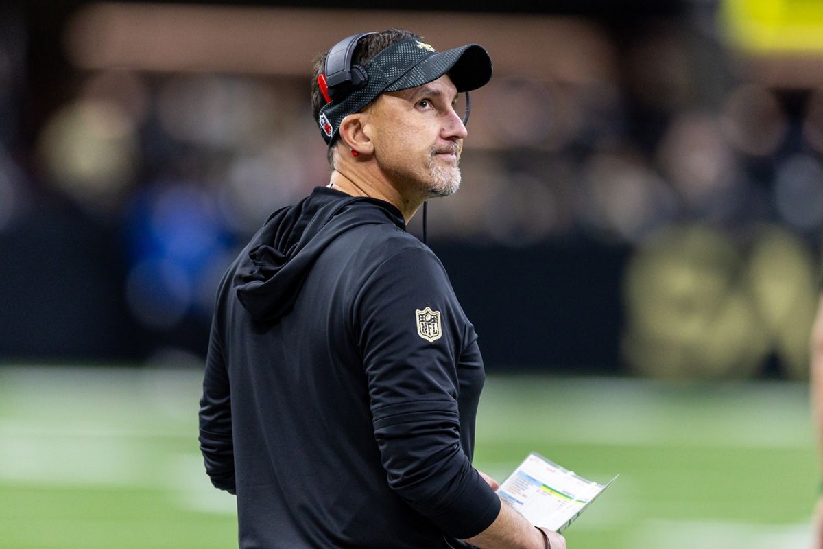 Oct 17, 2024; New Orleans, Louisiana, USA;  New Orleans Saints head coach Dennis Allen reacts to a play call against the Denver Broncos during the first half at Caesars Superdome. Mandatory Credit: Stephen Lew-Imagn Images
