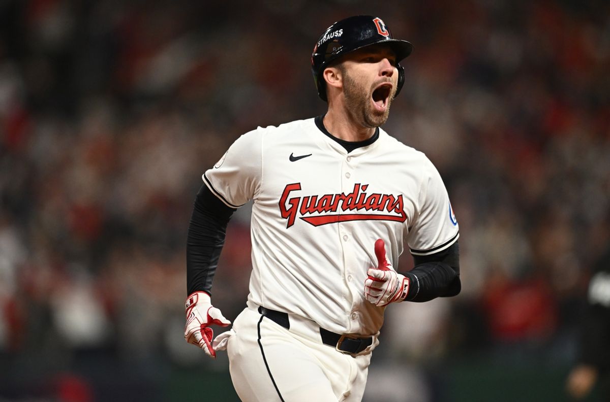 Oct 17, 2024; Cleveland, Ohio, USA; Cleveland Guardians first baseman David Fry (6) reacts after hitting the game winning home run during the tenth inning against the New York Yankees in game 3 of the American League Championship Series at Progressive Field. Mandatory Credit: Ken Blaze-Imagn Images