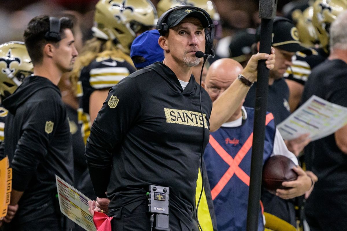 Oct 17, 2024; New Orleans, Louisiana, USA;  New Orleans Saints head coach Dennis Allen reacts against the Denver Broncos during the second quarter at Caesars Superdome. Mandatory Credit: Matthew Hinton-Imagn Images