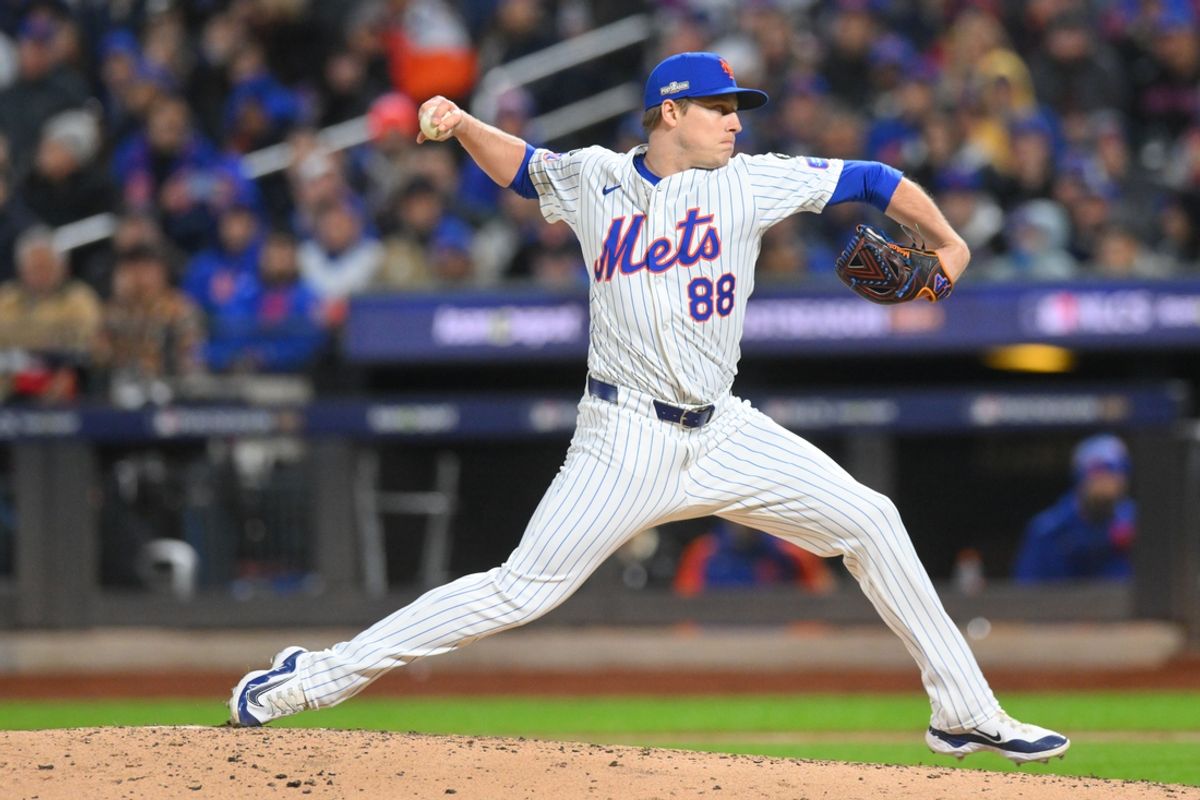Oct 17, 2024; New York City, New York, USA; New York Mets pitcher Phil Maton (88) throws a pitch against the Los Angeles Dodgers in the sixth inning during game four of the NLCS for the 2024 MLB playoffs at Citi Field. Mandatory Credit: John Jones-Imagn Images