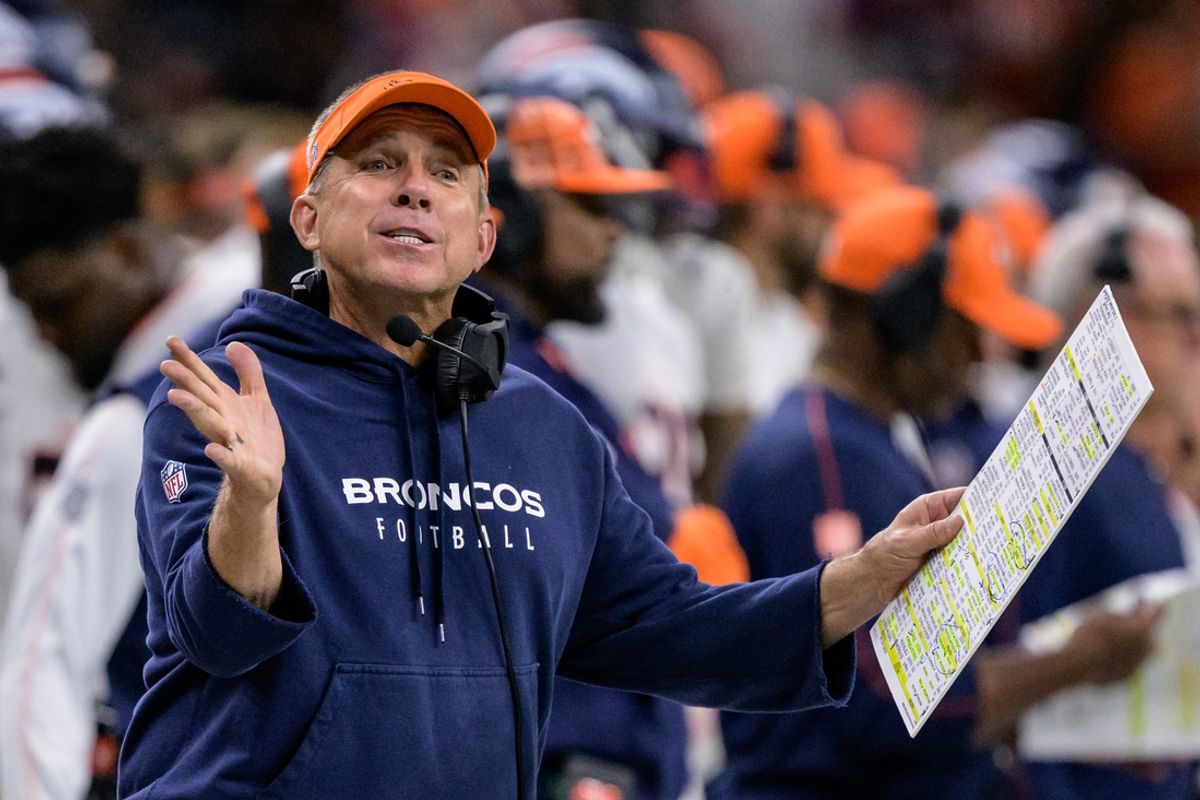 Oct 17, 2024; New Orleans, Louisiana, USA; Denver Broncos head coach Sean Payton reacts during the fourth quarter against the New Orleans Saints at Caesars Superdome. Mandatory Credit: Matthew Hinton-Imagn Images