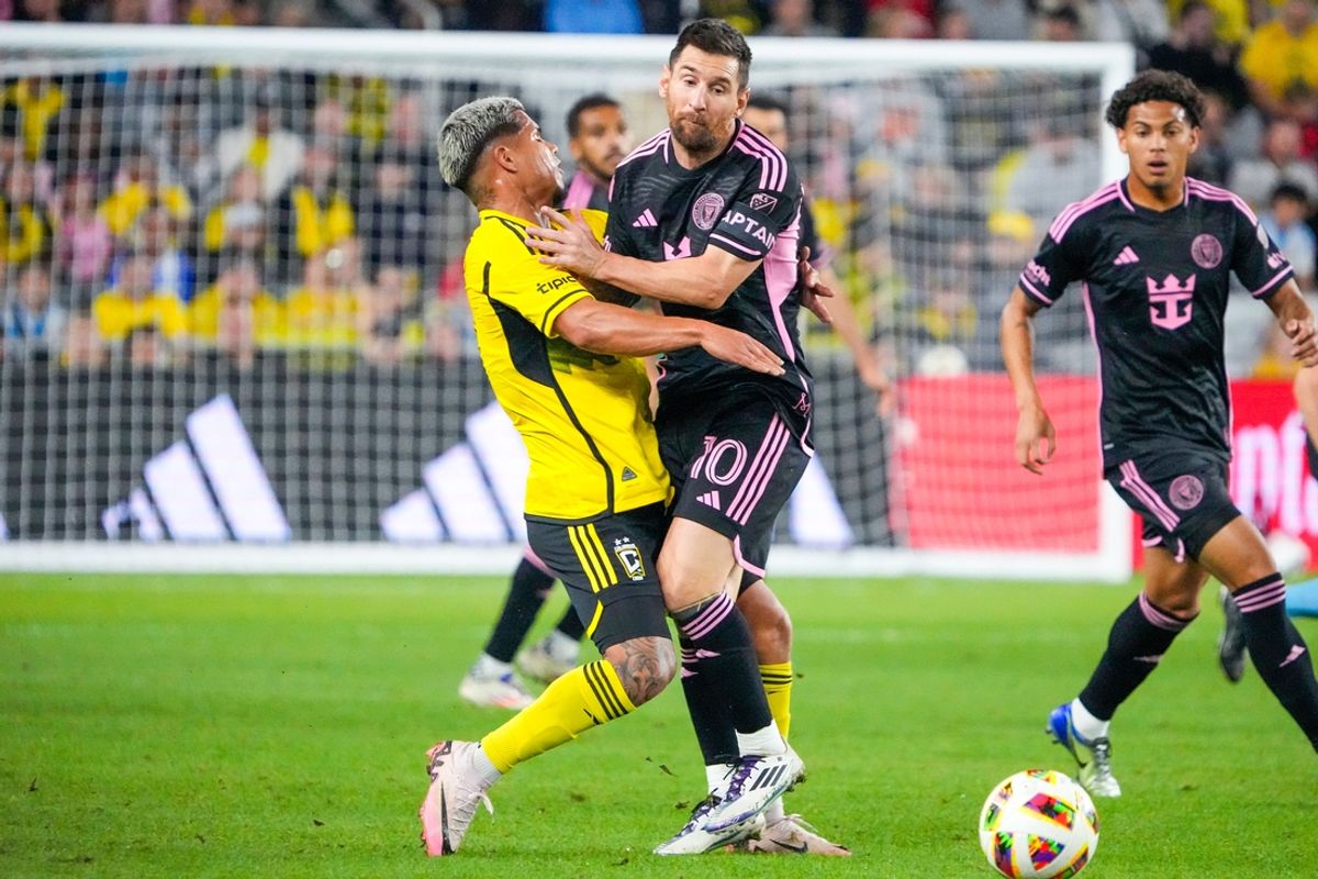 Oct 2, 2024; Columbus, OH, USA; Inter Miami CF forward Lionel Messi (10) collides into Columbus Crew forward Cucho Hernandez (9) in the second half at Lower.com Field.