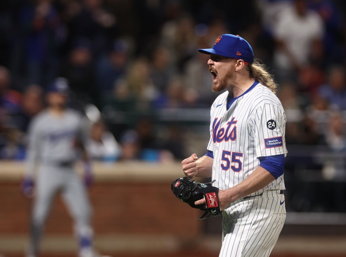 Oct 18, 2024; New York City, New York, USA; New York Mets pitcher Ryne Stanek (55) reacts after a strikeout to end the seventh inning against the Los Angeles Dodgers during game five of the NLCS for the 2024 MLB playoffs at Citi Field. Mandatory Credit: Vincent Carchietta-Imagn Images