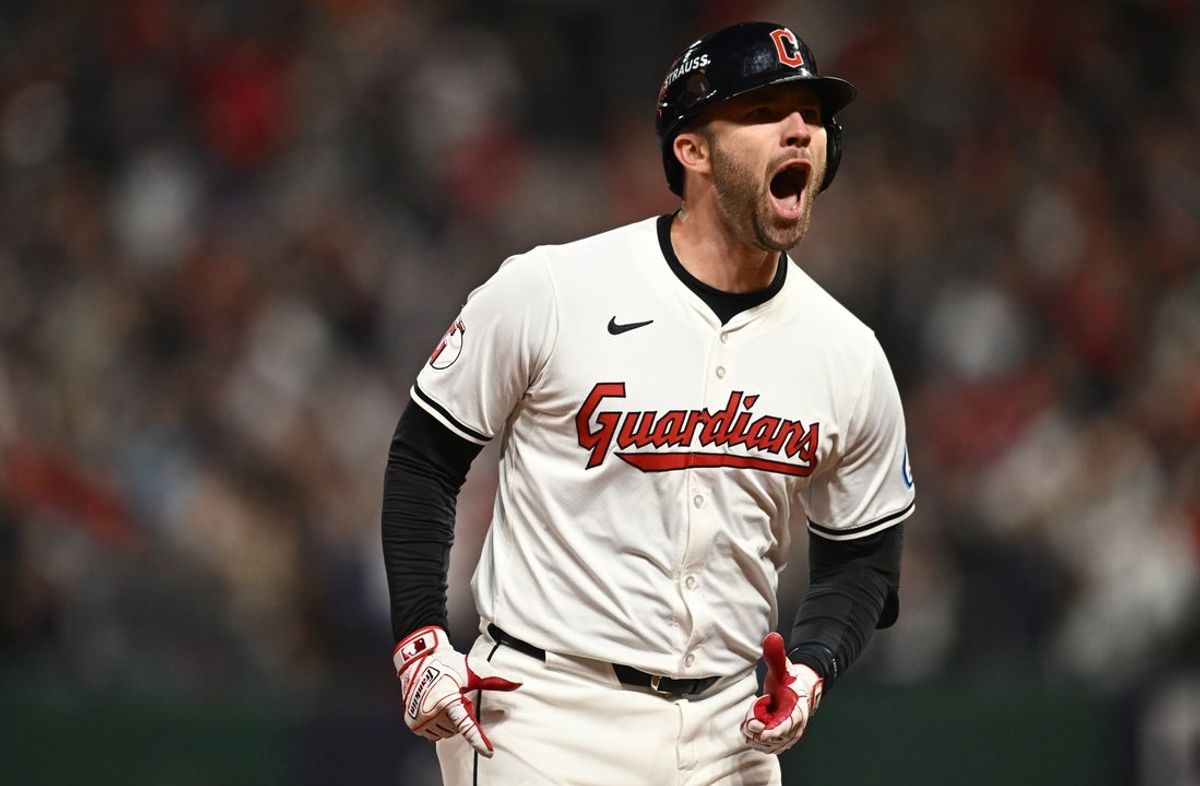 Oct 17, 2024; Cleveland, Ohio, USA; Cleveland Guardians first baseman David Fry (6) reacts after hitting the game winning home run during the tenth inning against the New York Yankees in game 3 of the American League Championship Series at Progressive Field. Mandatory Credit: Ken Blaze-Imagn Images