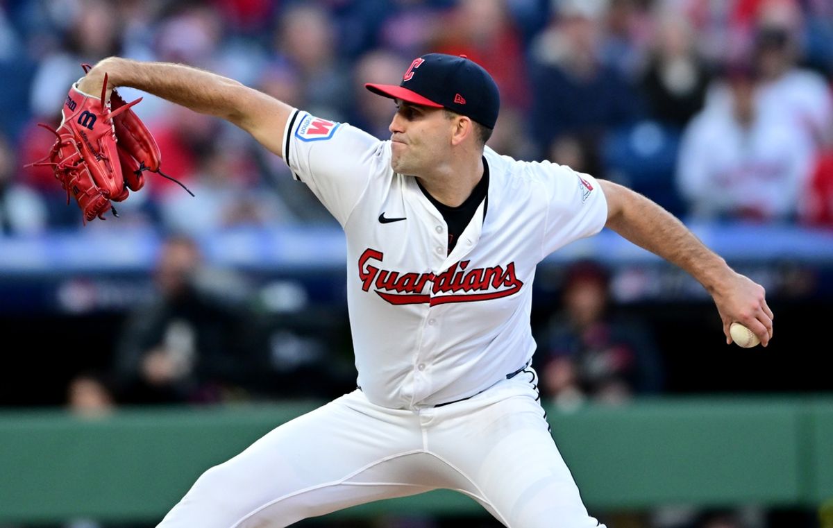 Oct 17, 2024; Cleveland, Ohio, USA; Cleveland Guardians pitcher Matthew Boyd (16) throws during the fourth inning against the New York Yankees in game 3 of the American League Championship Series at Progressive Field. Mandatory Credit: David Dermer-Imagn Images