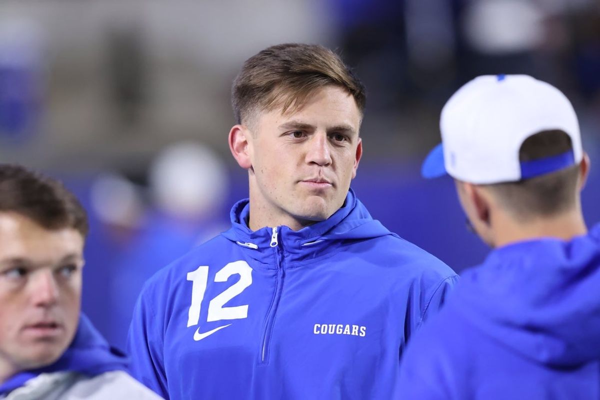 Oct 18, 2024; Provo, Utah, USA; Brigham Young Cougars quarterback Jake Retzlaff (12) before the game against the Oklahoma State Cowboys at LaVell Edwards Stadium. Mandatory Credit: Rob Gray-Imagn Images