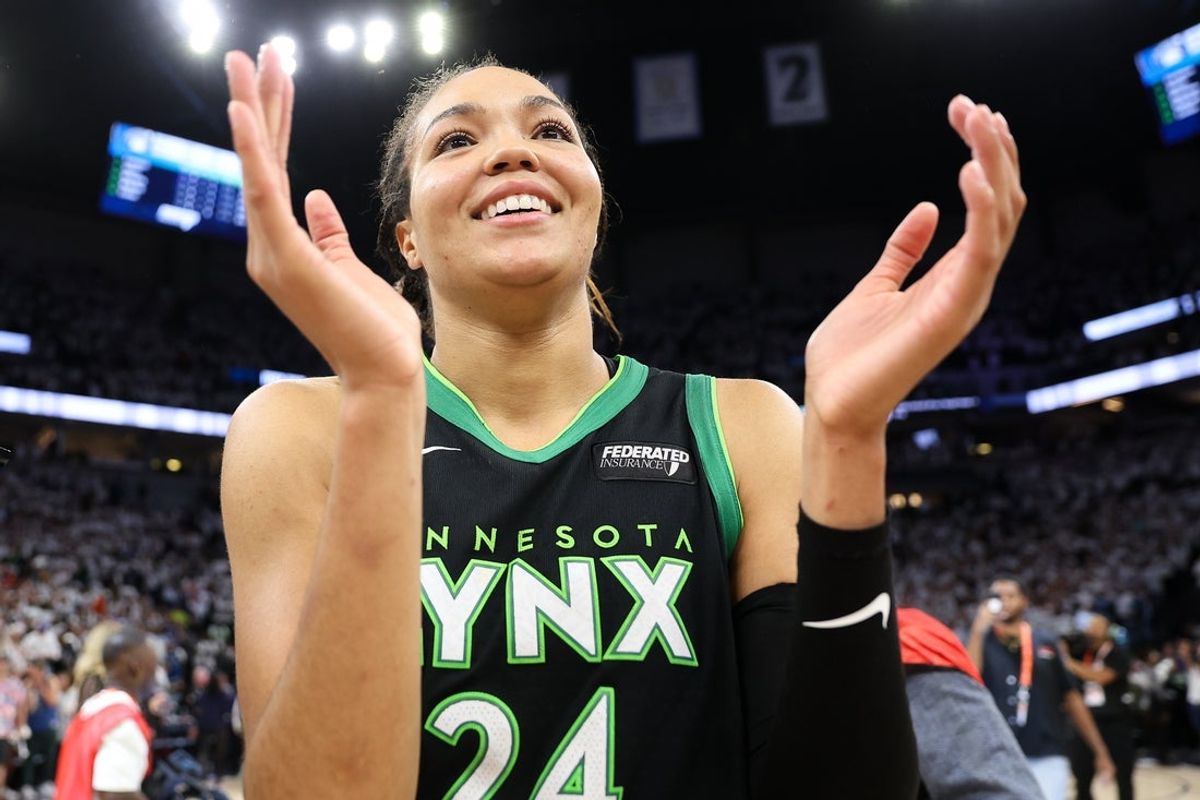 Oct 18, 2024; Minneapolis, Minnesota, USA; Minnesota Lynx forward Napheesa Collier (24) celebrates her teams win after game four of the 2024 WNBA Finals against the New York Liberty at Target Center. Mandatory Credit: Matt Krohn-Imagn Images