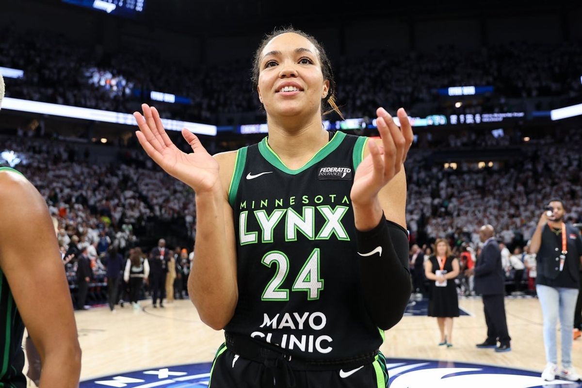 Oct 18, 2024; Minneapolis, Minnesota, USA; Minnesota Lynx forward Napheesa Collier (24) celebrates her teams win after game four of the 2024 WNBA Finals against the New York Liberty at Target Center. Mandatory Credit: Matt Krohn-Imagn Images