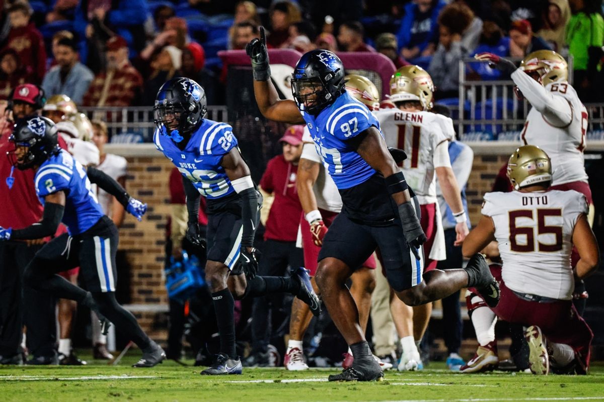 Oct 18, 2024; Durham, North Carolina, USA;  Duke Blue Devils defensive end Wesley Williams (97) celebrates a down during the first half of the game against Florida State at Wallace Wade Stadium. Mandatory Credit: Jaylynn Nash-Imagn Images
