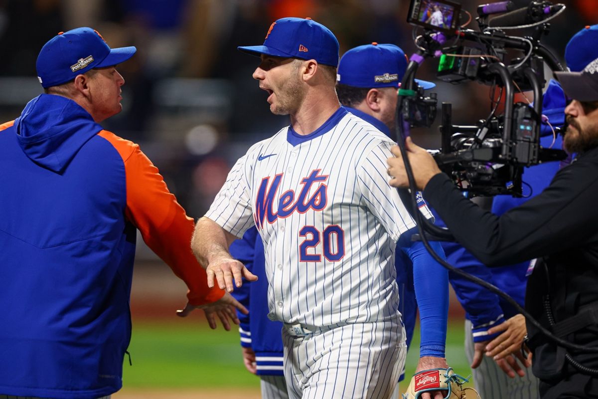 Oct 18, 2024; New York City, New York, USA; New York Mets first baseman Pete Alonso (20) celebrates with teammates after the game against the Los Angeles Dodgers game five of the NLCS for the 2024 MLB playoffs at Citi Field. Mandatory Credit: Vincent Carchietta-Imagn Images