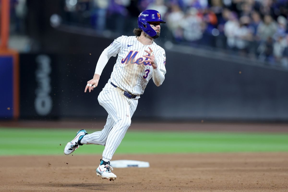 Oct 18, 2024; New York City, New York, USA; New York Mets left fielder Jesse Winker (3) advances to third base against the Los Angeles Dodgers on a double by right fielder Starling Marte (not pictured) during the sixth inning of game five of the NLCS during the 2024 MLB playoffs at Citi Field. Mandatory Credit: Brad Penner-Imagn Images