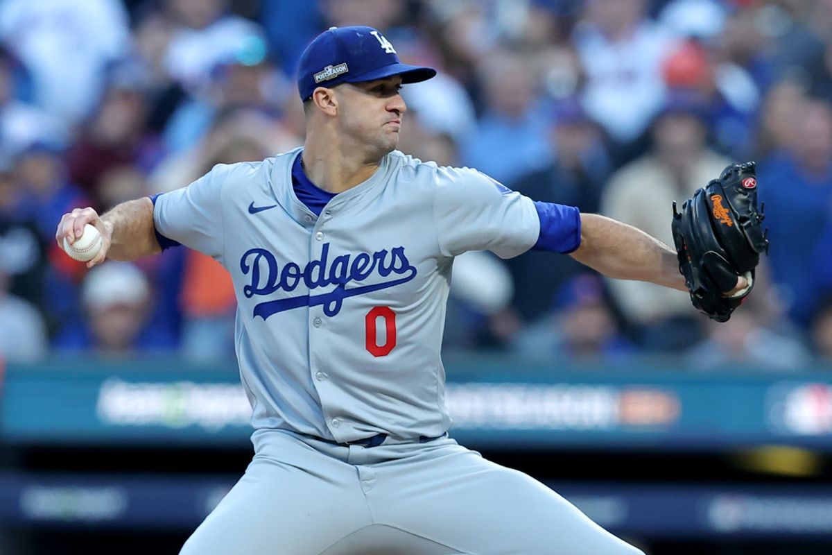 Oct 18, 2024; New York City, New York, USA; Los Angeles Dodgers starting pitcher Jack Flaherty (0) pitches against the New York Mets during the first inning of game five of the NLCS during the 2024 MLB playoffs at Citi Field. Mandatory Credit: Brad Penner-Imagn Images