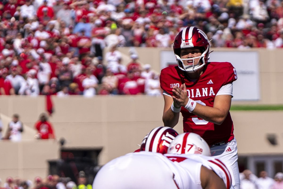 Oct 19, 2024; Bloomington, Indiana, USA; Indiana Hoosiers quarterback Kurtis Rourke (9) prepares to snap the ball during the first quarter against the Nebraska Cornhuskers  at Memorial Stadium. Mandatory Credit: Jacob Musselman-Imagn Images
