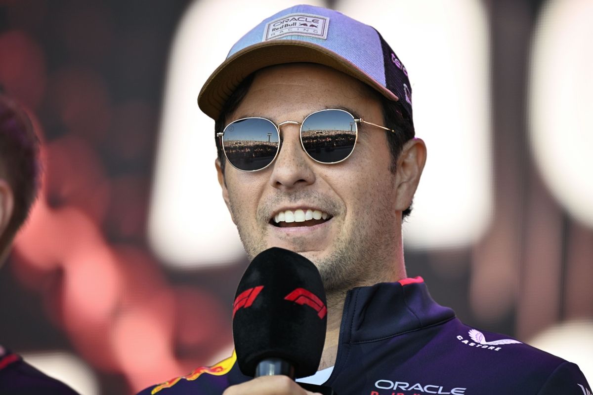 Oct 19, 2024; Austin, Texas, USA; A view of the crowd as seen in the sunglasses of Oracle Red Bull Racing driver Sergio Perez (11) of Team Mexico as he speaks during a fan forum before the Sprint Race in the 2024 Formula One US Grand Prix at Circuit of the Americas. Mandatory Credit: Jerome Miron-Imagn Images