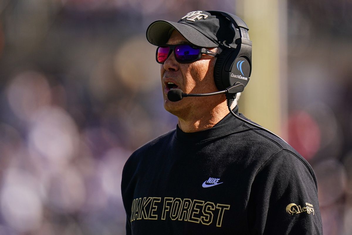 Oct 19, 2024; East Hartford, Connecticut, USA;   Wake Forest Demon Deacons head coach Dave Clawson watches from the sideline as they take on the Connecticut Huskies at Rentschler Field at Pratt & Whitney Stadium. Mandatory Credit: David Butler II-Imagn Images