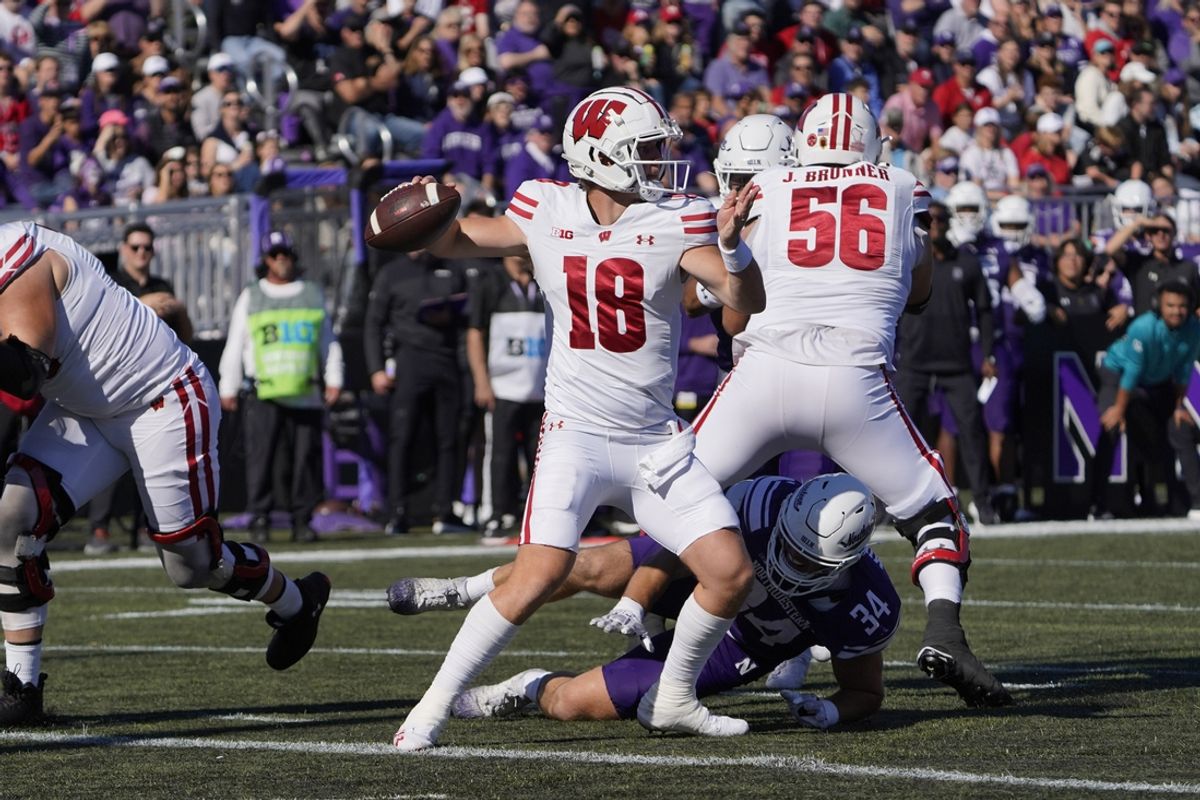 Oct 19, 2024; Evanston, Illinois, USA; Wisconsin Badgers quarterback Braedyn Locke (18) passes against the Northwestern Wildcats during the first half at Lanny and Sharon Martin Stadium. Mandatory Credit: David Banks-Imagn Images
