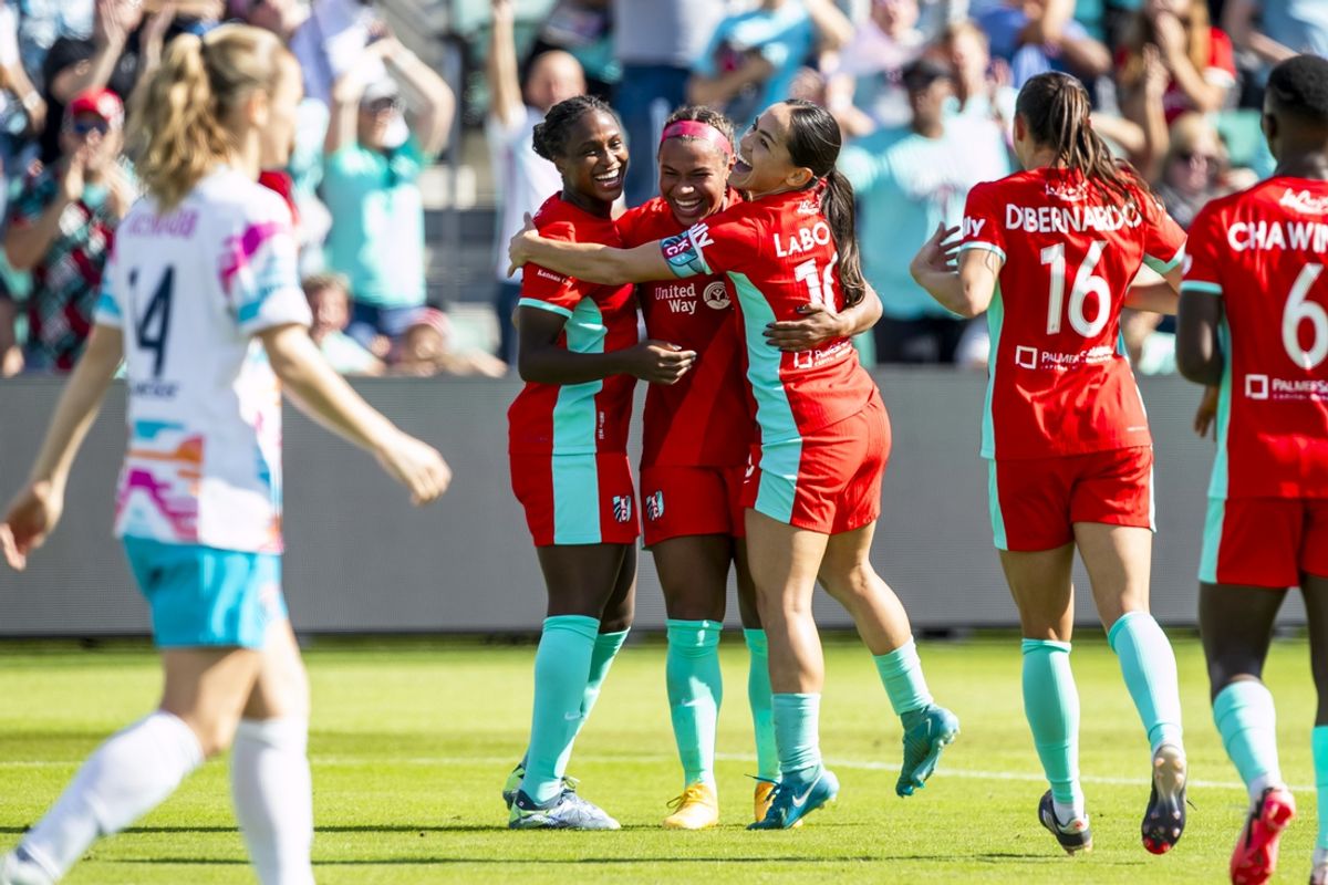 Oct 19, 2024; Kansas City, Missouri, USA; The Kansas City Current celebrate an own goal by the San Diego Wave FC during the first half at CPKC Stadium. Mandatory Credit: Nick Tre. Smith-Imagn Images