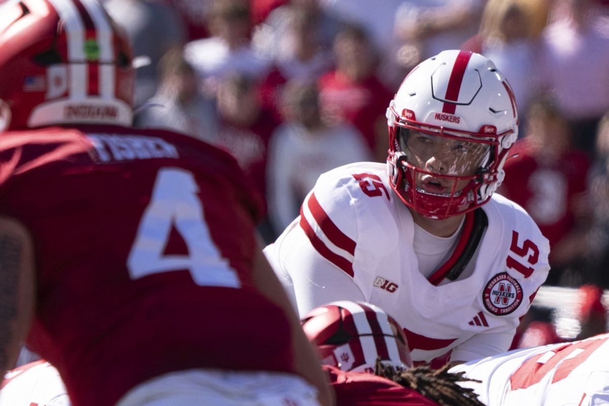 Oct 19, 2024; Bloomington, Indiana, USA; Nebraska Cornhuskers quarterback Dylan Raiola (15) prepares to snap the ball during the second quarter of a game against the Indiana Hoosiers at Memorial Stadium. Mandatory Credit: Jacob Musselman-Imagn Images