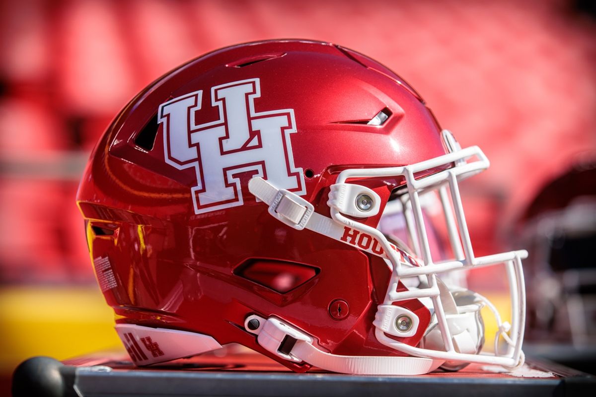 Oct 19, 2024; Kansas City, Missouri, USA; Houston Cougars helmet on the sidelines prior to the game against the Kansas Jayhawks at GEHA Field at Arrowhead Stadium. Mandatory Credit: William Purnell-Imagn Images