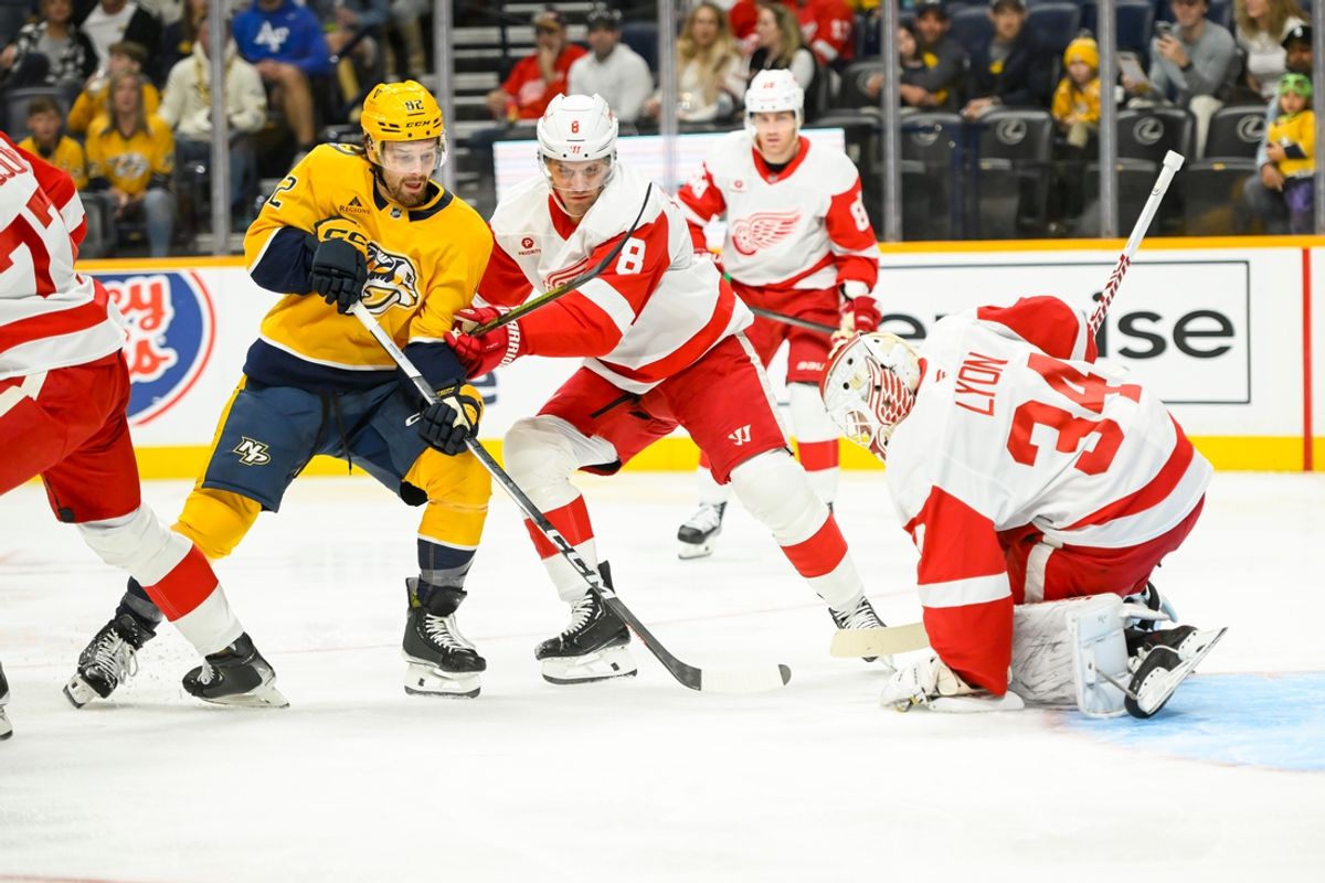 Oct 19, 2024; Nashville, Tennessee, USA; Detroit Red Wings goaltender Alex Lyon (34) blocks the shot of  Nashville Predators center Tommy Novak (82) during the first period at Bridgestone Arena. Mandatory Credit: Steve Roberts-Imagn Images