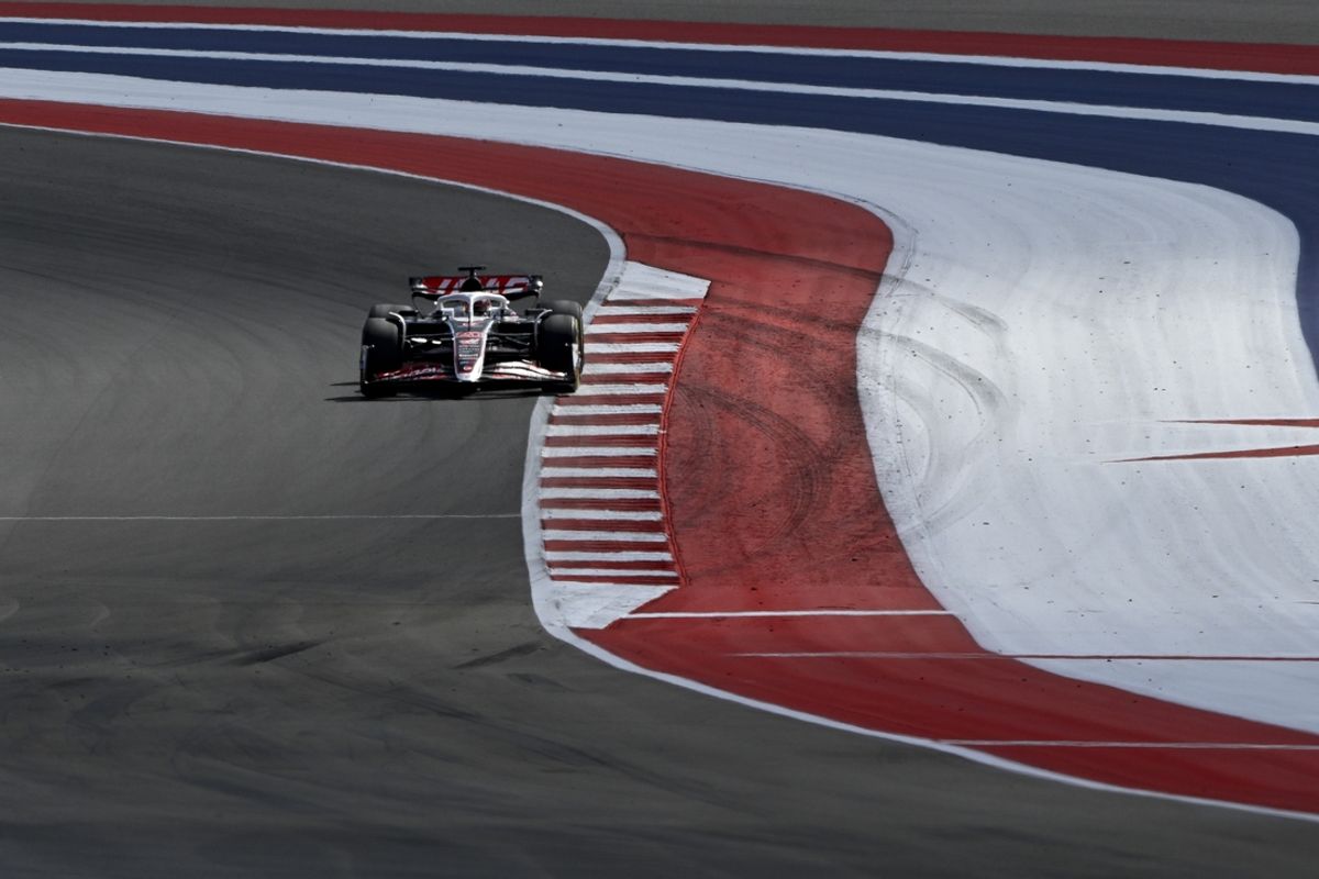 Oct 19, 2024; Austin, Texas, USA; Moneygram Haas F1 Team driver Kevin Magnussen (20) of Team Denmark drives during the Sprint Race in the 2024 Formula One US Grand Prix at Circuit of the Americas. Mandatory Credit: Jerome Miron-Imagn Images