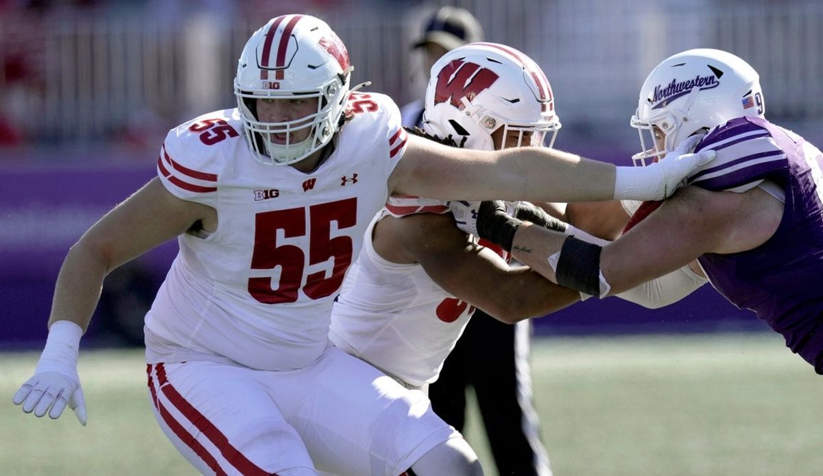 Wisconsin offensive lineman Kevin Heywood (55) is shown during the fourth quarter of their game Saturday October 19, 2024 at Lanny and Sharon Martin Stadium in Evanston, Illinois. Wisconsin beat Northwestern 23-3.