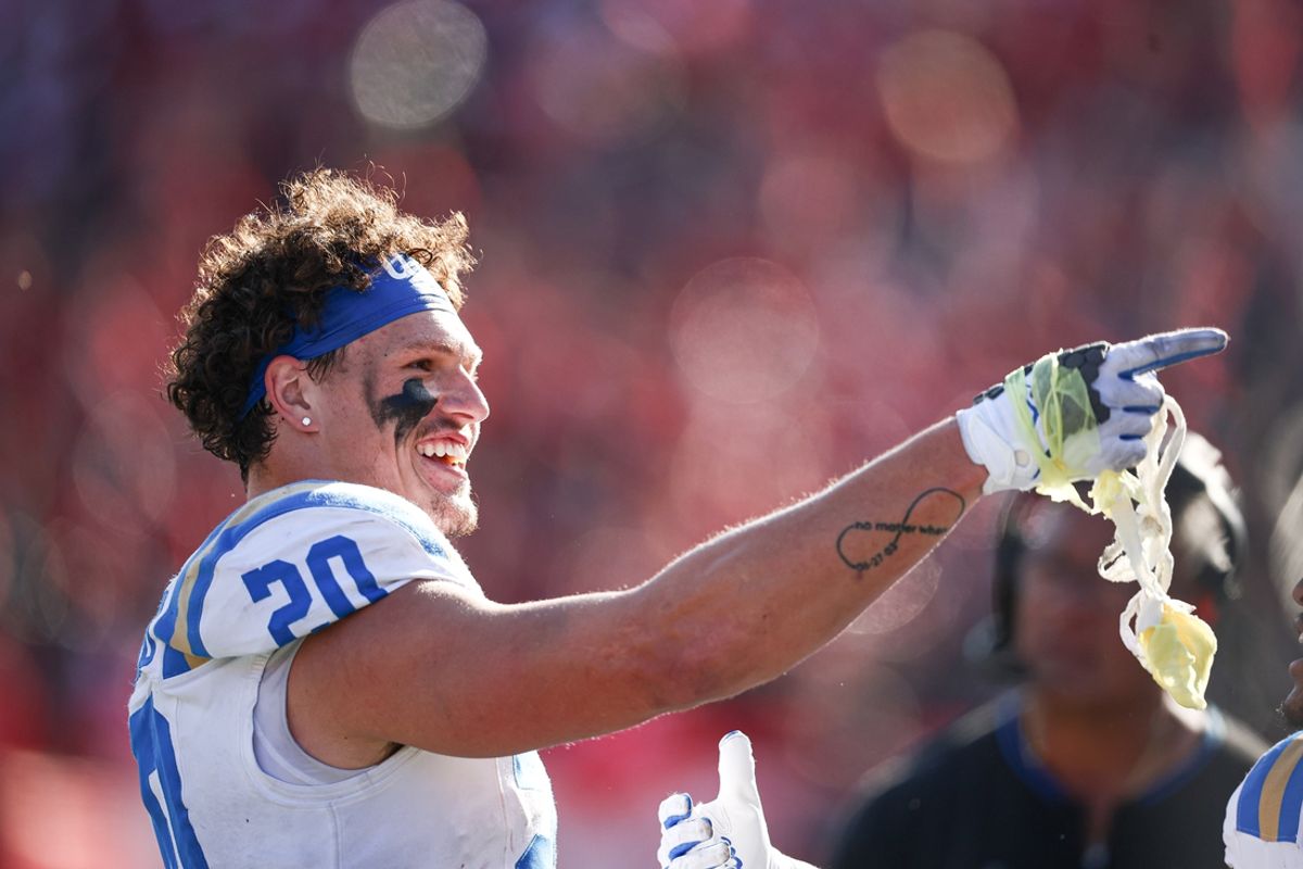 Oct 19, 2024; Piscataway, New Jersey, USA; UCLA Bruins linebacker Kain Medrano (20) celebrates during the second half against the Rutgers Scarlet Knights at SHI Stadium. Mandatory Credit: Vincent Carchietta-Imagn Images