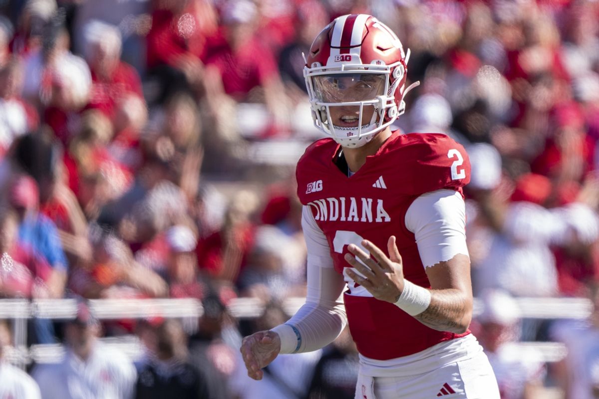 Oct 19, 2024; Bloomington, Indiana, USA; Indiana Hoosiers quarterback Tayven Jackson (2) prepares for a snap during the third quarter of a game against the Nebraska Cornhuskers at Memorial Stadium. Mandatory Credit: Jacob Musselman-Imagn Images