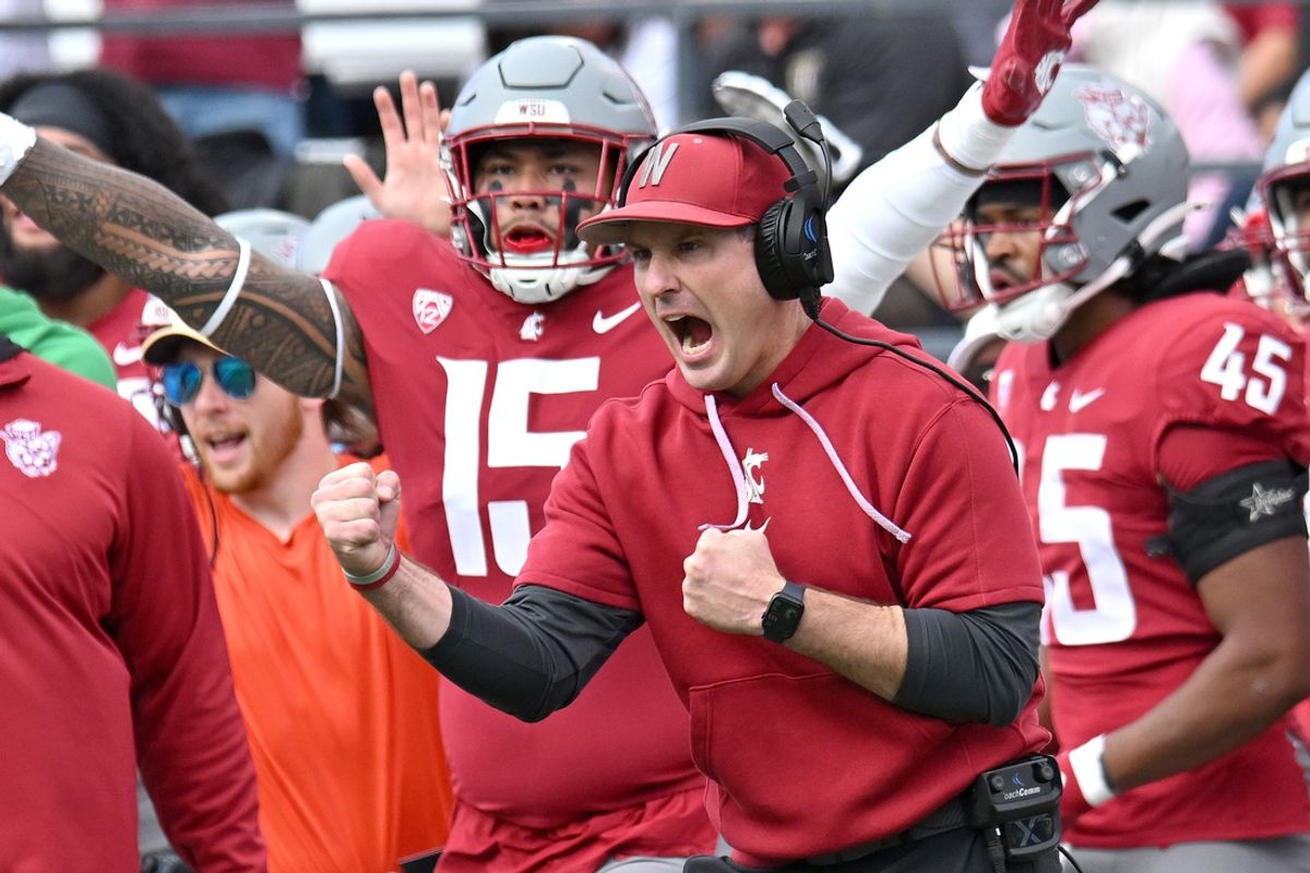 Oct 19, 2024; Pullman, Washington, USA; Washington State Cougars head coach Jake Dickert celebrates after a missed field goal attempt by the Hawaii Warriors in the first half at Gesa Field at Martin Stadium. Mandatory Credit: James Snook-Imagn Images