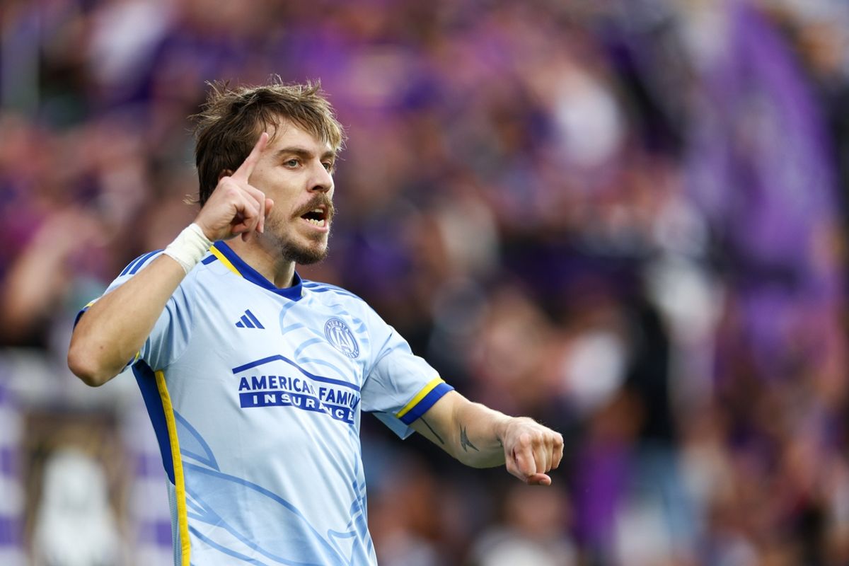 Oct 19, 2024; Orlando, Florida, USA; Atlanta United midfielder Saba Lobjanidze (9) celebrates after scoring a goal against Orlando City in the first half at Inter&Co Stadium. Mandatory Credit: Nathan Ray Seebeck-Imagn Images