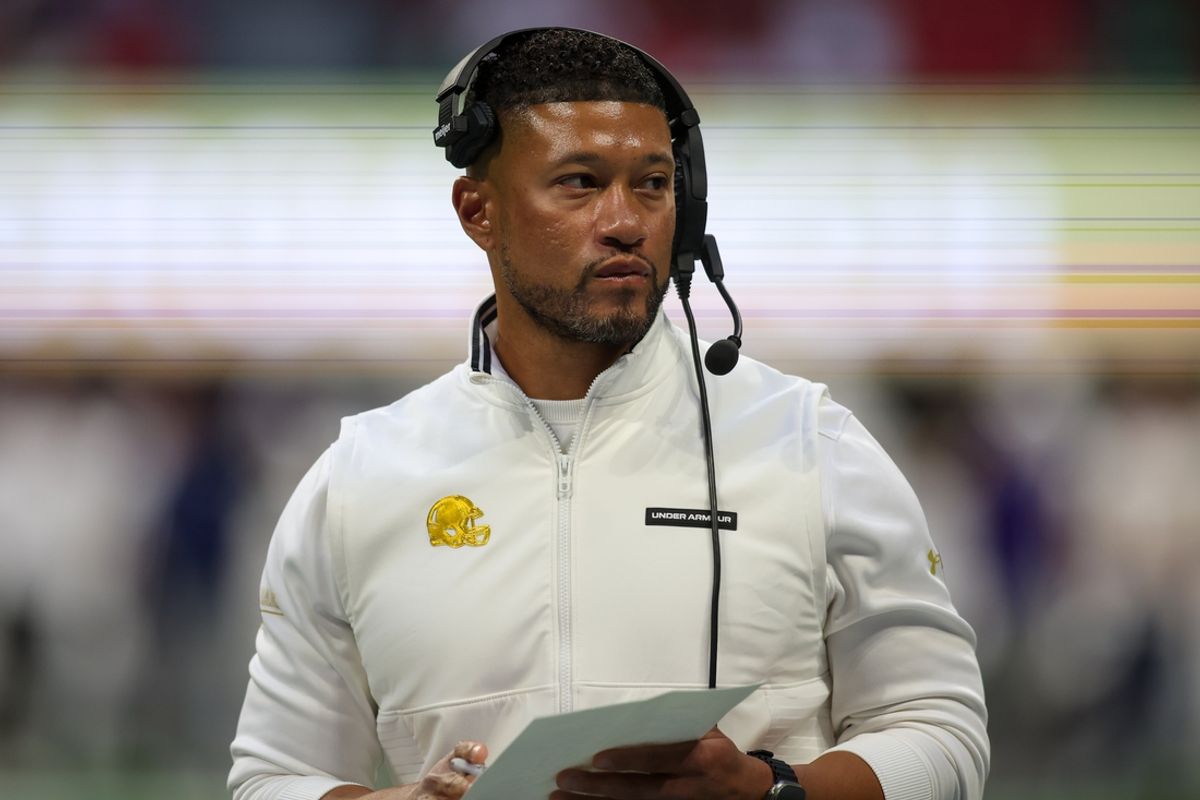 Oct 19, 2024; Atlanta, Georgia, USA; Notre Dame Fighting Irish coach Marcus Freeman on the sideline against the Georgia Tech Yellow Jackets in the fourth quarter at Mercedes-Benz Stadium. Mandatory Credit: Brett Davis-Imagn Images