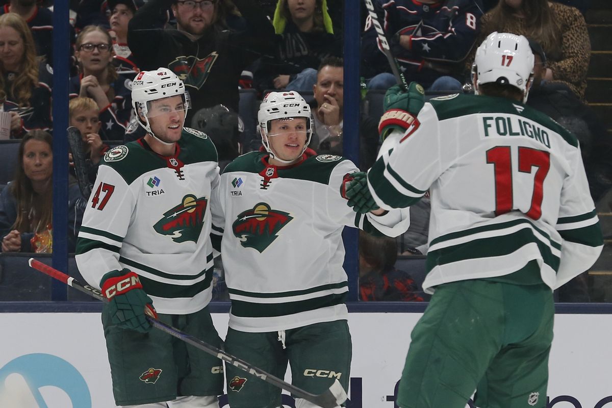 Oct 19, 2024; Columbus, Ohio, USA; Minnesota Wild center Marco Rossi (23) celebrates his goal against the Columbus Blue Jackets during the first period  at Nationwide Arena. Mandatory Credit: Russell LaBounty-Imagn Images