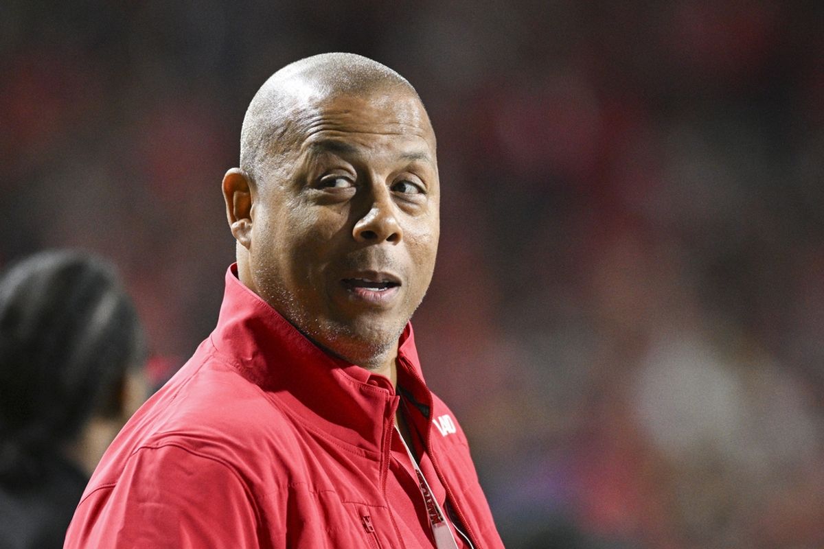 Oct 19, 2024; College Park, Maryland, USA;  Then-Maryland Terrapins athletic director Damon Evans on the sidelines during the second half Southern California Trojans  at SECU Stadium. Mandatory Credit: Tommy Gilligan-Imagn Images