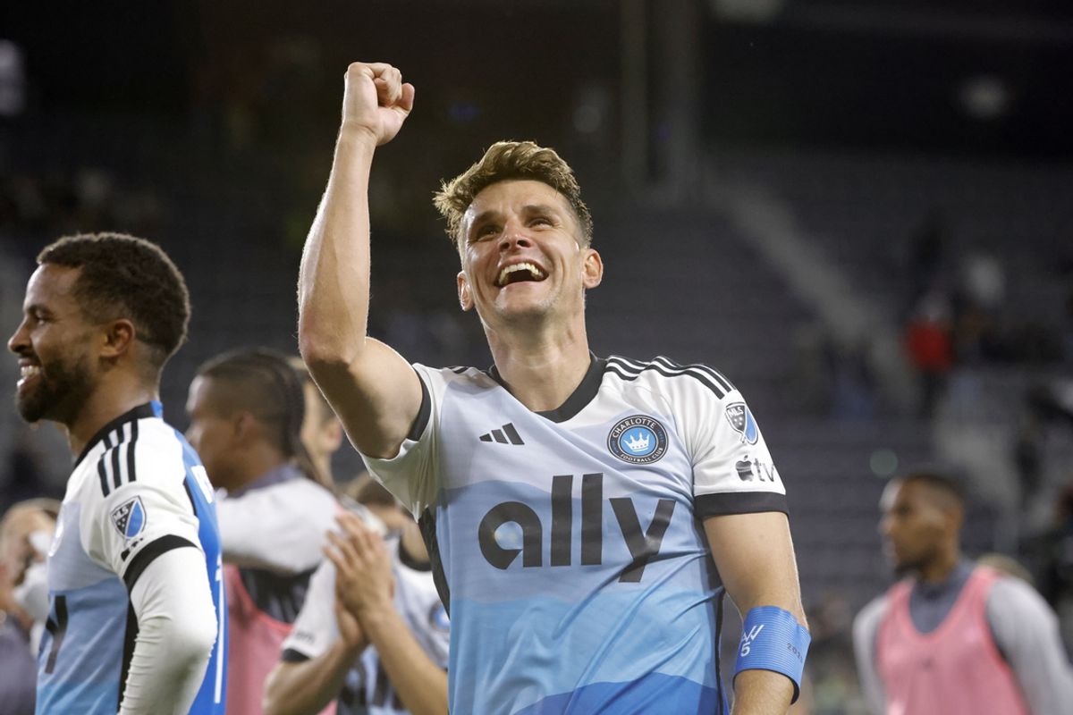 Oct 19, 2024; Washington, District of Columbia, USA; Charlotte FC midfielder Ashley Westwood (8) celebrates after the match against D.C. United at Audi Field. Mandatory Credit: Amber Searls-Imagn Images
