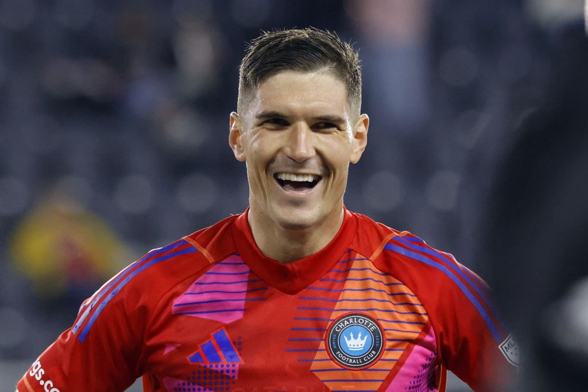 Oct 19, 2024; Washington, District of Columbia, USA; Charlotte FC goalkeeper Kristijan Kahlina (1) celebrates after the match against D.C. United at Audi Field. Mandatory Credit: Amber Searls-Imagn Images