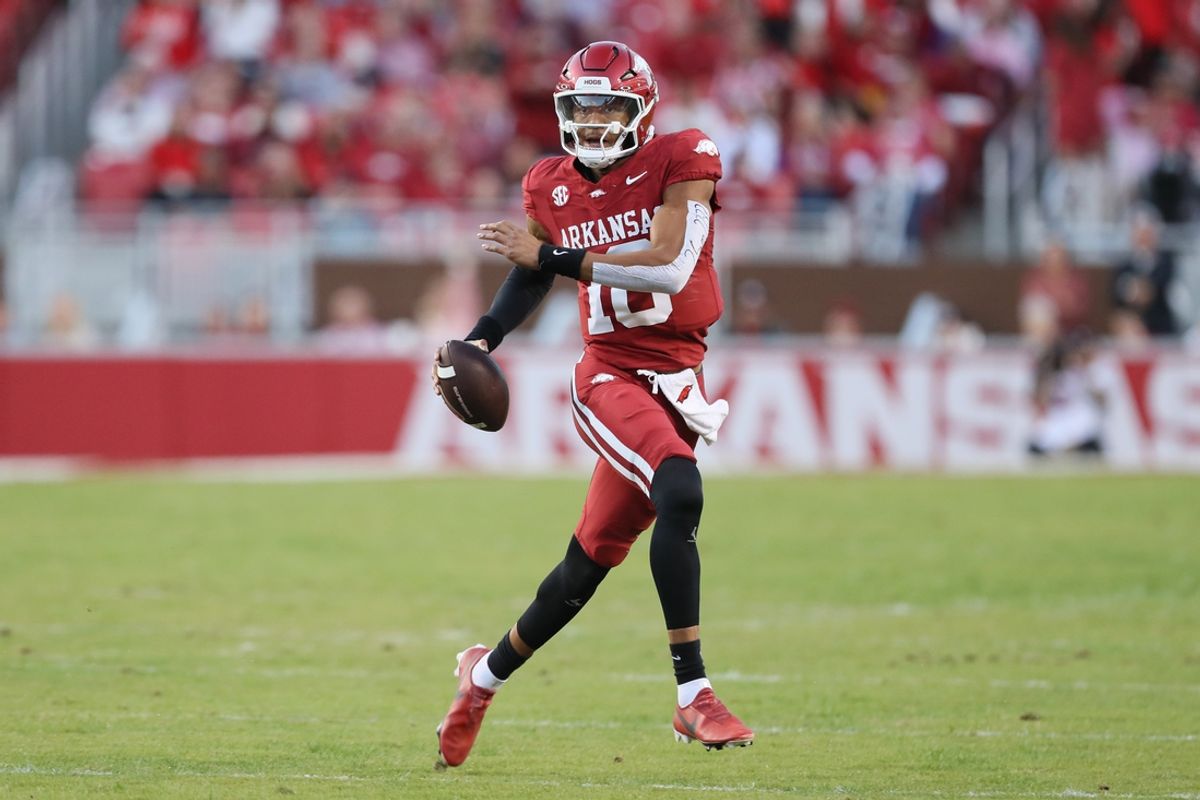 Oct 19, 2024; Fayetteville, Arkansas, USA; Arkansas Razorbacks quarterback Taylen Green (10) looks to pass against the LSU Tigers during the first quarter at Donald W. Reynolds Razorback Stadium. Mandatory Credit: Nelson Chenault-Imagn Images