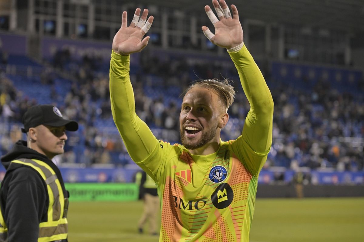 Oct 19, 2024; Montreal, Quebec, CAN; CF Montreal goalkeeper Jonathan Sirois (40) celebrates defeating the New York City FC at Stade Saputo. Mandatory Credit: Eric Bolte-Imagn Images