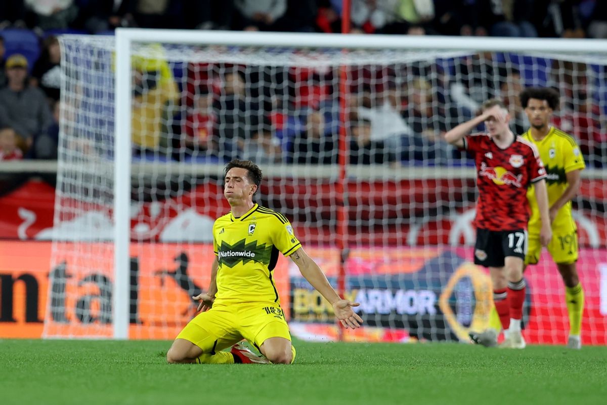 Oct 19, 2024; Harrison, New Jersey, USA; Columbus Crew defender Malte Amundsen (18) celebrates goal against the New York Red Bulls during the second half at Red Bull Arena. Mandatory Credit: Brad Penner-Imagn Images