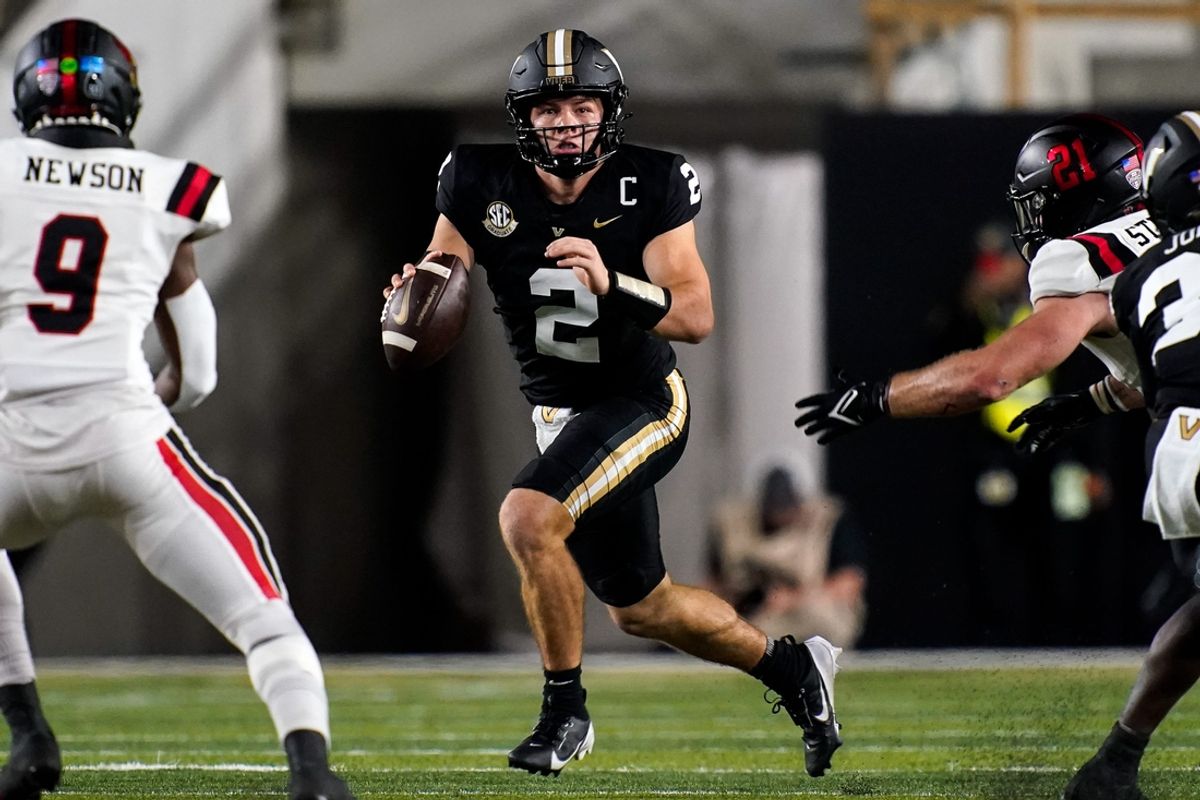 Vanderbilt quarterback Diego Pavia (2) looks to pass against Ball State during the second quarter at FirstBank Stadium in Nashville, Tenn., Saturday, Oct. 19, 2024.