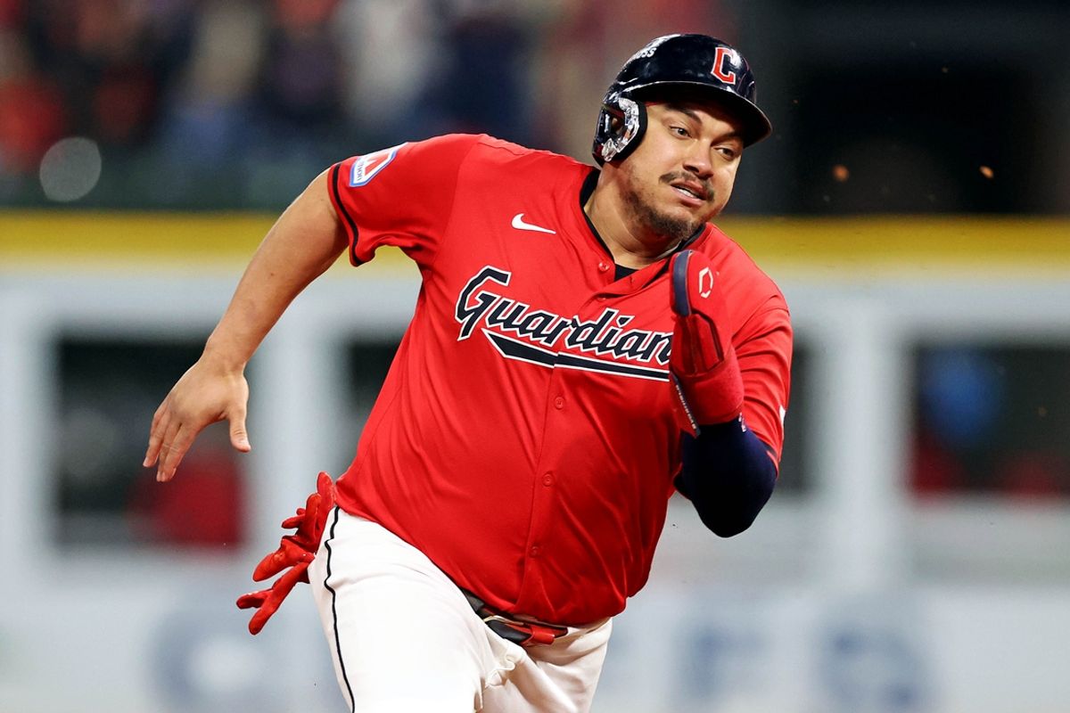 Oct 19, 2024; Cleveland, Ohio, USA; Cleveland Guardians first base Josh Naylor (22) runs to third base on the way to score a run during the second inning against the New York Yankees during game five of the ALCS for the 2024 MLB playoffs at Progressive Field. Mandatory Credit: Scott Galvin-Imagn Images