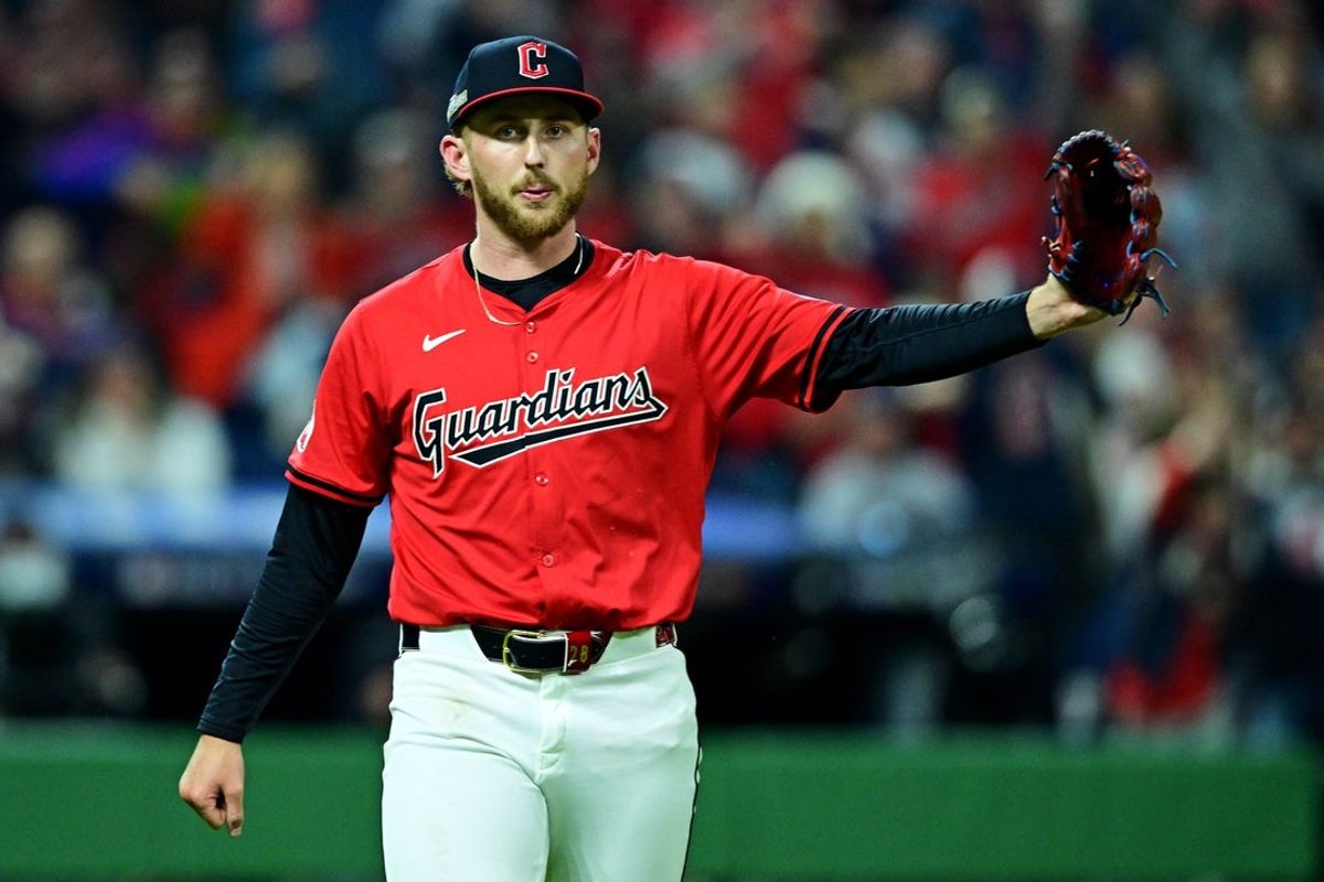 Oct 19, 2024; Cleveland, Ohio, USA; Cleveland Guardians pitcher Tanner Bibee (28) reacts after a double play during the fifth inning during game five of the ALCS for the 2024 MLB playoffs at Progressive Field. Mandatory Credit: David Dermer-Imagn Images